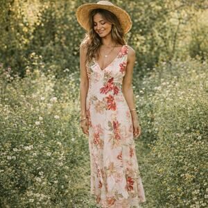 Paper Heart Floral V-Neck Linen Blend Maxi Dress Bohemian Cottagecore XS